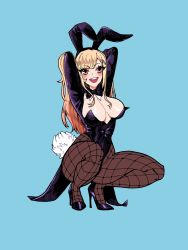 Rule 34 | 1girl, abottleofstars, animal ears, black pantyhose, blonde hair, breasts, commentary, covered erect nipples, covered navel, english commentary, fishnet pantyhose, fishnets, high heels, highres, kitagawa marin, kneeling, large breasts, leotard, long hair, long sleeves, open mouth, orange eyes, pantyhose, playboy bunny, ponytail, rabbit ears, rabbit tail, shiny skin, smile, solo, sono bisque doll wa koi wo suru, squatting, tail, teeth, thighs, upper teeth only