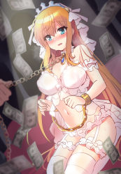 Rule 34 | 1girl, ahoge, blonde hair, blue eyes, blush, breasts, chain, cleavage, cuffs, hair between eyes, highres, hoshina meito, large breasts, long hair, money, open mouth, pecorine (princess connect!), princess connect!, ribbon, shackles, thighhighs, tiara, very long hair