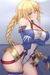 Rule 34 | 1girl, blonde hair, blue eyes, bradamante (fate), bradamante (fate) (cosplay), bradamante (first ascension) (fate), braid, breasts, cleavage, closed mouth, contrapposto, cosplay, covered navel, cowboy shot, dura, fate/grand order, fate (series), gloves, highleg, highleg leotard, highres, hip focus, jeanne d&#039;arc (fate), jeanne d&#039;arc (ruler) (fate), large breasts, leotard, long hair, looking at viewer, raised eyebrows, solo, standing, thighlet, thighs, white gloves