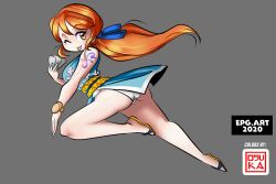 Rule 34 | 1girl, alternate costume, armpits, breasts, erik96, full body, grey background, japanese clothes, jumping, large breasts, legs apart, long hair, looking at viewer, looking back, low ponytail, nami (one piece), nami (one piece) (wano), official alternate costume, one eye closed, one piece, orange eyes, orange hair, panties, shiny skin, smile, solo, teeth, thighs, tongue, tongue out, underwear, white panties, wink