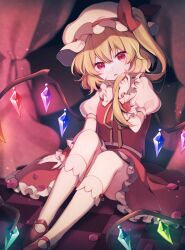 Rule 34 | 1girl, arm support, bow, checkered floor, collared shirt, commentary, crystal, curtains, fingernails, flandre scarlet, frilled shirt collar, frilled skirt, frills, full body, hair between eyes, hat, hat bow, highres, kneehighs, long hair, looking at viewer, mary janes, mob cap, nail polish, neck ribbon, one side up, parted lips, petals, puffy short sleeves, puffy sleeves, red bow, red eyes, red footwear, red nails, red skirt, red vest, ribbon, shirt, shoes, short sleeves, sitting, skirt, skirt set, slit pupils, socks, solo, torimarururu, touhou, vest, white hat, white shirt, white socks, wings, yellow ribbon
