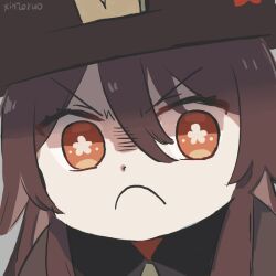 Rule 34 | 1girl, angry, brown hair, brown hat, close-up, flower-shaped pupils, frown, genshin impact, hair between eyes, hair flaps, hat, hu tao (genshin impact), looking to the side, porkpie hat, red eyes, sidelocks, solo, symbol-shaped pupils, talisman, v-shaped eyebrows, xinzoruo