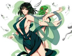 Rule 34 | &gt;:), 2girls, adapted costume, akino (gokosei), armpits, ass, backless dress, backless outfit, bare shoulders, breasts, cleavage, closed mouth, cowboy shot, curly hair, dress, drop shadow, covered erect nipples, flower, from side, fubuki (one-punch man), green dress, green eyes, green hair, hair flower, hair ornament, highres, kneepits, large breasts, leaning forward, looking at viewer, multiple girls, one-punch man, outstretched arms, pelvic curtain, profile, psychic, revealing clothes, shawl, short hair, siblings, sideboob, sisters, sleeveless, sleeveless dress, small breasts, spoon, spread arms, tatsumaki, telekinesis, v-shaped eyebrows, white background