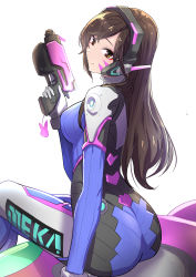 Rule 34 | 1girl, ass, breasts, brown hair, clash kuro neko, closed mouth, commentary, d.va (overwatch), facial mark, forehead, gun, handgun, head tilt, headgear, highres, holding, holding gun, holding weapon, long hair, looking at viewer, looking back, mecha, overwatch, overwatch 1, parted bangs, pistol, robot, shadow, sideboob, simple background, sitting, smile, solo, weapon, whisker markings, white background