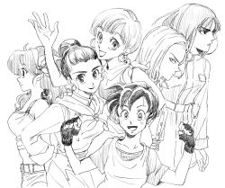Rule 34 | 6+girls, :d, android 18, arms at sides, bare shoulders, belt, black eyes, black gloves, black hair, blush, breasts, bulma, buttons, chi-chi (dragon ball), china dress, chinese clothes, clenched hands, closed mouth, coat, collarbone, commentary, crop top, curly hair, dragon ball, dragon ball (classic), dragonball z, dress, earrings, english commentary, eyelashes, fingerless gloves, fingernails, floating hair, from side, frown, gloves, greyscale, hair bun, hair ribbon, hand on own hip, hand up, hands up, happy, hime cut, hoop earrings, jewelry, long hair, long sleeves, looking at viewer, looking away, looking back, lunch (dragon ball), lunch (good) (dragon ball), mai (dragon ball), mai (future) (dragon ball), medium breasts, midriff, monochrome, multiple girls, neckerchief, open mouth, parted lips, profile, ribbon, shirt, short hair, shorts, simple background, single hair bun, smi2e2f31, smile, spiked hair, straight hair, upper body, very short hair, videl, waistcoat, waving, white background, wide-eyed