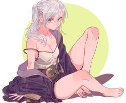 Rule 34 | 1girl, barefoot, breasts, brown eyes, cleavage, cloak, eyes visible through hair, feet, female focus, fire emblem, fire emblem awakening, highres, itou (very ito), looking at viewer, loose clothes, loose shirt, messy hair, nintendo, robin (female) (fire emblem), robin (fire emblem), shirt, simple background, sitting, solo, white background, white hair