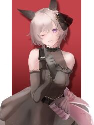Rule 34 | 1girl, absurdres, animal ears, b qpyz, bare shoulders, black dress, black gloves, blush, bracelet, breasts, cleavage, curren chan (sakutsuki ma cherie) (umamusume), curren chan (umamusume), dress, ear covers, elbow gloves, gloves, grey hair, grin, highres, horse ears, index finger raised, jewelry, looking at viewer, medium breasts, multicolored hair, one eye closed, see-through, see-through cleavage, sleeveless, sleeveless dress, smile, solo, twitter username, two-tone hair, umamusume, upper body, watermark