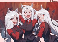 Rule 34 | 3girls, :d, ahoge, animal ears, apoidea, arms up, artist name, belt buckle, black gloves, black vest, blush, breasts, buckle, cerberus (helltaker), collared shirt, demon girl, demon wings, dog ears, fang, gloves, grin, helltaker, long hair, long sleeves, looking at viewer, low-tied long hair, medium breasts, multiple girls, open mouth, outstretched hand, parted bangs, paw pose, red eyes, red shirt, revision, sanpaku, shirt, siblings, silver hair, sisters, smile, teeth, tongue, tongue out, very long hair, vest, waistcoat, wing collar, wings