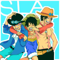 Rule 34 | 3boys, belt, black hair, blonde hair, brothers, cowboy hat, ascot, goggles, goggles on headwear, hat, highres, jewelry, male focus, monkey d. luffy, multiple boys, necklace, one piece, portgas d. ace, red shirt, sabo (one piece), sash, scar, shirt, topless male, shorts, siblings, smile, stampede string, straw hat, top hat
