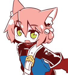 Rule 34 | 1girl, 7th dragon, 7th dragon (series), :d, animal ear fluff, animal ears, belt, belt buckle, blue jacket, blush, buckle, cat ears, commentary request, fang, fighter (7th dragon), gloves, green eyes, hair between eyes, hair bobbles, hair ornament, harukara (7th dragon), jacket, long sleeves, looking at viewer, naga u, one side up, open mouth, pink hair, red gloves, simple background, smile, solo, white background, white belt