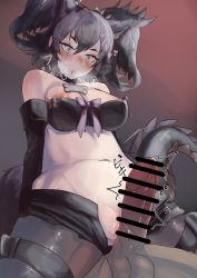 Rule 34 | 1boy, 1girl, ^^^, absurdres, animal ears, areola slip, bar censor, bare shoulders, big hair, black hair, blue eyes, blush, bone necklace, breasts, breath, censored, cerberus (kemono friends), clothed female nude male, collar, covered erect nipples, dog ears, elbow gloves, erection, extra ears, girl on top, gloves, grinding, groin, heart, hetero, highres, kaku (drawing twi), kemono friends, large breasts, large penis, leaning back, looking at penis, looking down, multicolored hair, navel, no panties, nose blush, nude, open clothes, open fly, open shorts, pantyhose, pantyhose under shorts, parted lips, penis, penis awe, penis on pussy, purple hair, scar, scar across eye, scar on face, short shorts, shorts, sidelocks, solo focus, spiked collar, spikes, spread legs, stomach, strapless, testicles, thigh strap, tube top, twitching penis, two-tone hair, two side up, veins, veiny penis