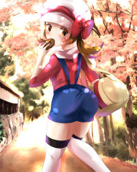 Rule 34 | 1girl, ass, blush, bow, breasts, brown eyes, brown hair, creatures (company), from behind, game freak, hat, huge ass, liukensama, long hair, looking at viewer, looking back, low twintails, lyra (pokemon), nintendo, overalls, pokemon, pokemon hgss, shiny clothes, shorts, sideboob, solo, thighhighs, twintails