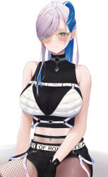 Rule 34 | 1girl, aqua eyes, asymmetrical legwear, bare shoulders, black gloves, black shorts, black sweater, blue hair, breasts, bright pupils, chest harness, choker, closed mouth, colored inner hair, commentary, cropped sweater, fishnet pantyhose, fishnets, gloves, grey hair, hair over one eye, harness, haro art, highres, hololive, hololive indonesia, large breasts, light blush, long hair, looking at viewer, midriff, mismatched legwear, multicolored hair, navel, o-ring, o-ring choker, official alternate costume, orange-tinted eyewear, pantyhose, pavolia reine, pavolia reine (streetwear), ponytail, short shorts, shorts, simple background, sitting, sleeveless, sleeveless turtleneck, solo, sunglasses, sweater, tinted eyewear, turtleneck, turtleneck sweater, two-tone hair, virtual youtuber, white background, white pupils
