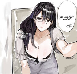 Rule 34 | 1girl, black eyes, black hair, breasts, cleavage, collarbone, downblouse, dress, english text, grey dress, hair behind ear, hair ribbon, highres, kamishiro rize, large breasts, leaning forward, looking at viewer, parted lips, ribbon, solo, speech bubble, tokyo ghoul, white ribbon, yourfreakyneighbourh