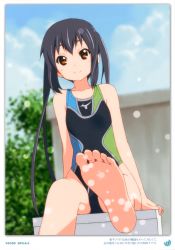 Rule 34 | 1girl, 2011, absurdres, barefoot, black hair, brown eyes, competition swimsuit, dated, day, errant, feet, highres, k-on!, long hair, nakano azusa, one-piece swimsuit, foot focus, scan, sitting, soles, solo, swimsuit, toes, twintails