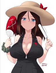 Rule 34 | 1girl, artist name, bare shoulders, blue eyes, blush, breasts, brown hair, cleavage, closed mouth, dated, food, girls und panzer, hand fan, hat, highres, kuzuryuu kennosuke, large breasts, looking at viewer, nonna (girls und panzer), popsicle, scrunchie, shiny skin, simple background, solo, sweat, upper body, white background