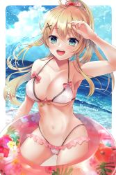 Rule 34 | 1girl, :d, absurdres, arm at side, arm up, bikini, blonde hair, blue sky, breasts, cleavage, closed mouth, cloud, covered erect nipples, curved horizon, day, frilled bikini, frills, fruit hair ornament, green eyes, hair between eyes, hair ornament, hair ribbon, highres, indie virtual youtuber, innertube, large breasts, long hair, mojimaru, nail polish, navel, ocean, open mouth, outdoors, ponytail, ribbon, ritorun (vtuber), sideboob, sky, smile, solo, stomach, swim ring, swimsuit, teeth, underboob, upper teeth only, virtual youtuber, white bikini, x hair ornament