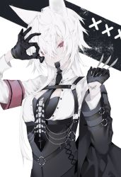 Rule 34 | 1girl, absurdres, animal ears, armband, between fingers, black gloves, breasts, butterfly tattoo, chain, chess piece, corset, cross, fangs, gloves, hair between eyes, hand up, harness, highres, holding, holding chess piece, holding knife, jacket, knife, knives between fingers, kotarou (kot mochi), long hair, long sleeves, messy hair, mouth hold, necktie, original, pawn (chess), red armband, red eyes, saliva, solo, tattoo, unbuttoned, unbuttoned shirt, upper body, white hair