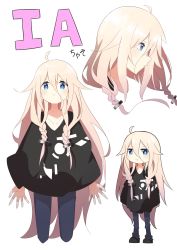 Rule 34 | 1girl, absurdres, ahoge, black shirt, blue hair, blue pants, braid, cevio, character name, chibi, collarbone, commentary, expressionless, highres, ia (vocaloid), kashisuover, light blush, long hair, looking at viewer, multiple views, outstretched hand, pants, platinum blonde hair, portrait, profile, shirt, smile, twin braids, very long hair, vocaloid, white background