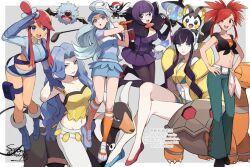 black_hair blue_eyes blue_hair breasts cleavage creatures_(company) demon_horns demon_tail elesa_(pokemon) emolga flannery_(pokemon) game_freak gen_2_pokemon gen_3_pokemon gen_5_pokemon gen_7_pokemon glasses golf_club happy headphones horns houndoom kahili_(pokemon) karen_(pokemon) lampent large_breasts legs litwick long_hair navel nintendo open_mouth pikipek pokemon pokemon_bw pokemon_bw2 pokemon_hgss pokemon_oras pokemon_sm purple_hair red_eyes red_hair shauntal_(pokemon) shell skyla_(pokemon) smile spiked_hair tail torkoal woobat yukin_(es)