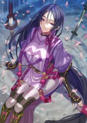 Rule 34 | 1girl, armor, armored boots, black gloves, black hair, boots, breasts, caustics, closed mouth, eyelashes, fate/grand order, fate (series), fingerless gloves, flower, from above, gloves, hair between eyes, japanese armor, katana, kote, large breasts, long hair, looking at viewer, low-tied long hair, minamoto no raikou (fate), mingou91, motion blur, pantyhose, petals, pink flower, pink rose, planted, planted sword, planted weapon, purple eyes, ribbon, rope, rose, sitting, sitting on water, smile, solo, sword, tabard, tassel, turtleneck, very long hair, water, weapon