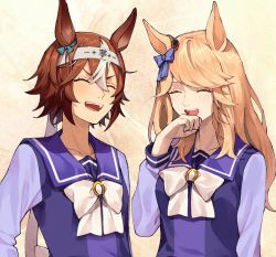 Rule 34 | 2girls, :d, ^ ^, animal ears, bamboo memory (umamusume), blonde hair, blue bow, blue shirt, blush, bow, breasts, brown hair, closed eyes, collarbone, commentary request, ear bow, gold city (umamusume), hair between eyes, headband, horse ears, jugemu (qqkyon), long hair, long sleeves, multicolored hair, multiple girls, open mouth, school uniform, shirt, small breasts, smile, streaked hair, tracen school uniform, umamusume, upper body, white bow, white hair