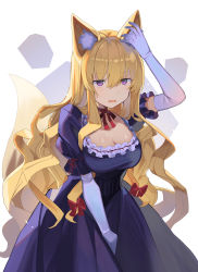Rule 34 | 1girl, animal ear fluff, animal ears, blonde hair, breasts, choker, cleavage, commentary request, cowboy shot, dress, elbow gloves, falken (yutozin), fox ears, fox tail, frills, gloves, hand on own ear, highres, kemonomimi mode, large breasts, long hair, medium breasts, open mouth, purple dress, purple eyes, red ribbon, ribbon, ribbon choker, short sleeves, solo, tail, touching ears, touhou, very long hair, white background, white gloves, yakumo yukari