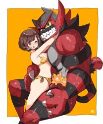 Rule 34 | 1girl, ;o, absurdres, arms around neck, biceps, bikini, blush, bob cut, breasts, breath, brown hair, claws, cleavage, creatures (company), fangs, floral print, frilled bikini, frills, furry, furry male, furry with non-furry, game freak, gen 7 pokemon, highres, incineroar, interspecies, kenron toqueen, looking at viewer, manly, medium breasts, muscular, navel, nintendo, no nose, nose blush, one eye closed, orange background, outside border, pokemon, pokemon (creature), pokemon sm, pokephilia, selene (pokemon), short hair, side-tie bikini bottom, smile, stomach, sweat, swimsuit, yellow bikini