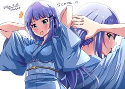Rule 34 | 1girl, absurdres, blue eyes, blue hair, blue kimono, blush, breasts, closed mouth, dated, from behind, hair ornament, hair tie in mouth, highres, idolmaster, idolmaster million live!, idolmaster million live! theater days, japanese clothes, kimono, long hair, looking at viewer, medium breasts, mouth hold, multiple views, nape, obi, sash, shiraishi tsumugi, simple background, takatsuki p, turnaround, upper body, very long hair, white background