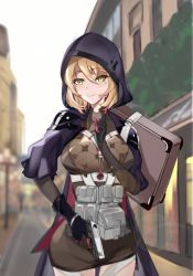 Rule 34 | 1girl, absurdres, alternate costume, beretta px4 storm, black gloves, blonde hair, blurry, blush, bracelet, breasts, city, cloak, closed mouth, depth of field, finger to mouth, girls&#039; frontline, gloves, green eyes, gun, handgun, highres, holding, holding gun, holding weapon, hood, hooded cloak, jewelry, looking at viewer, medium breasts, medium hair, mole, mole under eye, pistol, priest77, purple cloak, px4 storm (girls&#039; frontline), smile, solo, tagme, weapon