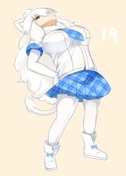 Rule 34 | 1girl, :3, animal ear fluff, animal ears, blue necktie, blue skirt, blue sky, blush, boots, bow, breasts, closed mouth, commentary request, elbow gloves, footwear bow, full body, gloves, grey eyes, highres, kemono friends, large breasts, leaning back, lets0020, lion ears, lion girl, lion tail, long hair, medium bangs, necktie, numbered, pantyhose, plaid, plaid necktie, plaid skirt, pleated skirt, shirt, short sleeves, simple background, skirt, sky, smile, solo, stretching, tail, very long hair, white footwear, white gloves, white hair, white lion (kemono friends), white pantyhose, white shirt