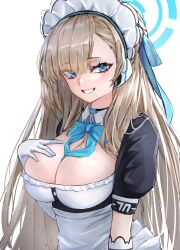 Rule 34 | 1girl, absurdres, apron, asuna (blue archive), black dress, blue archive, blue eyes, blue ribbon, blush, bow, bowtie, breasts, choker, cleavage, detached collar, dress, elbow gloves, gloves, grin, hair over one eye, hair ribbon, halo, headset, highres, large breasts, light brown hair, long hair, looking at viewer, maid headdress, mole, mole on breast, puffy short sleeves, puffy sleeves, ribbon, short sleeves, smile, solo, umeo (pixiv51103813), very long hair, waist apron, white apron, white gloves