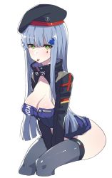 Rule 34 | 1girl, beret, between legs, blue hair, bottomless, breasts, bright pupils, cleavage, cleavage cutout, clothing cutout, cropped legs, girls&#039; frontline, green eyes, grey thighhighs, hair ornament, hand between legs, hat, highres, hk416 (girls&#039; frontline), kylin, leaning forward, long hair, looking at viewer, medium breasts, mouth hold, pill, sidelocks, simple background, sitting, solo, thighhighs, white background