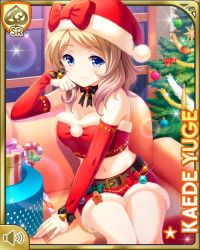 Rule 34 | 1girl, black bow, blonde hair, blue eyes, boots, bow, breasts, card, card (medium), character name, cleavage, closed mouth, elbow gloves, girlfriend (kari), gloves, hat, indoors, lights, midriff, navel, night, official art, qp:flapper, red bow, red gloves, red shirt, red shorts, santa boots, santa costume, santa hat, shirt, shorts, sitting, smile, solo, yuge kaede