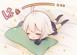 Rule 34 | 1girl, = =, ahoge, ass, bed sheet, beni shake, black jacket, black thighhighs, blush, chibi, closed eyes, commentary request, facing viewer, fate/grand order, fate (series), full body, fur-trimmed sleeves, fur trim, jacket, jeanne d&#039;arc (fate), jeanne d&#039;arc alter (fate), jeanne d&#039;arc alter (ver. shinjuku 1999) (fate), long sleeves, lying, official alternate costume, on stomach, panties, parted lips, pillow, silver hair, sleeves past wrists, smile, solo, sparkle, thighhighs, translation request, underwear, white panties, wicked dragon witch ver. shinjuku 1999