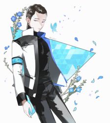 Rule 34 | 1boy, android, arm at side, artist name, bad id, bad pixiv id, black hair, black pants, black shirt, blue butterfly, blue eyes, blue flower, bug, butterfly, connor (detroit), detroit: become human, flower, insect, jacket, looking at viewer, male focus, pale skin, pants, petals, shirt, simple background, solo, yukowa (kari)