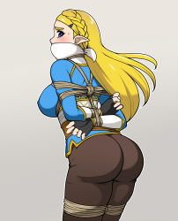 Rule 34 | 1girl, ass, bdsm, blonde hair, blue eyes, blush, bondage, bound, bound wrists, breasts, covered erect nipples, fingerless gloves, gagged, gloves, hair ornament, hairclip, highres, huge ass, jam-orbital, large breasts, long hair, looking at viewer, nintendo, pants, pointy ears, princess zelda, sideboob, solo, sweatdrop, the legend of zelda, the legend of zelda: breath of the wild, thick thighs, thighs