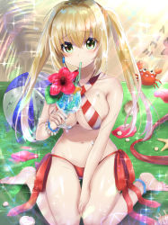 Rule 34 | 1girl, ahoge, anklet, ball, bare arms, bare legs, bare shoulders, barefoot, beach, beach towel, beachball, between legs, bikini, blush, bracelet, breasts, collarbone, crab, criss-cross halter, cup, day, drinking, drinking glass, earrings, fate/grand order, fate (series), flower, gakuon (gakuto), green eyes, halterneck, hand between legs, hibiscus, holding, holding cup, holding drinking glass, jewelry, knees together feet apart, large breasts, light rays, long hair, looking at viewer, navel, nero claudius (fate), nero claudius (fate) (all), nero claudius (swimsuit caster) (fate), outdoors, red bikini, sand, side-tie bikini bottom, single earring, sitting, snail shell, solo, sparkle, starfish, stomach, striped bikini, striped clothes, sunbeam, sunlight, sweat, swimsuit, tareme, thigh gap, towel, twintails, wariza