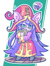 Rule 34 | :&lt;, animal ear fluff, animal ears, bespectacled, blush stickers, book, commentary request, full body, glasses, green eyes, hat, holding, holding book, kayo!! (gotoran), league of legends, long hair, looking at viewer, lulu (league of legends), mortarboard, pix (league of legends), purple-framed eyewear, purple hair, simple background, standing, striped sleeves, yordle