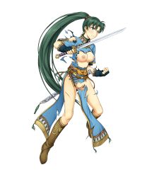 Rule 34 | 1girl, breasts, clenched teeth, dress, female pubic hair, fire emblem, fire emblem: the blazing blade, fire emblem heroes, full body, green eyes, green hair, holding, holding weapon, long hair, lyn (fire emblem), medium breasts, nintendo, nipples, nude filter, ponytail, pubic hair, solo, sword, teeth, third-party edit, torn clothes, weapon