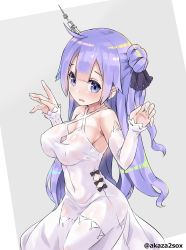 Rule 34 | 1girl, ahoge, akaza, alternate breast size, azur lane, bare shoulders, breasts, cleavage, covered navel, cowboy shot, criss-cross halter, detached sleeves, dress, grey background, hair between eyes, hair bun, halterneck, highres, large breasts, long arms, long hair, one side up, open mouth, purple eyes, purple hair, see-through, side bun, simple background, single hair bun, single side bun, sleeves past wrists, solo, thighhighs, thighs, twitter username, unicorn (azur lane), white dress, white thighhighs