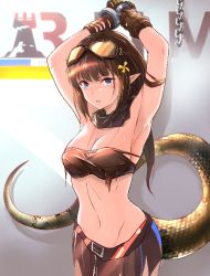 Rule 34 | 1girl, arknights, armpits, arms up, bandeau, bare arms, bare shoulders, black gloves, black scarf, blue eyes, breasts, brown hair, chain, chinese commentary, cleavage, commentary request, cowboy shot, cuffs, eunectes (arknights), gloves, goggles, goggles on head, handcuffs, jpeg artifacts, jueduihuoli, long hair, looking at viewer, medium breasts, midriff, navel, parted lips, partial commentary, pointy ears, scarf, snake tail, solo, stomach, strapless, tail, torn clothes, tube top