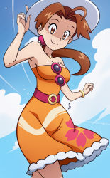Rule 34 | 1girl, ahoge, alternate color, alternate costume, armpits, bare arms, bare shoulders, belt, blue sky, blush, bracelet, breasts, brown eyes, brown hair, casual, cherry blossoms, cleavage, closed mouth, cloud, collarbone, contrail, creatures (company), crossed legs, day, delia ketchum, dress, eyelashes, female focus, fingernails, floating hair, floral print, from below, game freak, hair intakes, hand on headwear, hat, hip focus, holding, holding clothes, holding hat, jewelry, large breasts, light particles, long hair, looking at viewer, looking down, low ponytail, matching hair/eyes, mature female, neck, necklace, nintendo, official style, orange dress, outdoors, pink-framed eyewear, pokemon, pokemon (anime), pokemon sm (anime), ponytail, scott bennett, shade, shiny skin, signature, sky, smile, solo, standing, strapless, strapless dress, summer, sun hat, sundress, sunglasses, tareme, taut clothes, taut dress, unworn eyewear, white hat, wind, wind lift