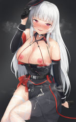 Rule 34 | 1girl, absurdres, azur lane, black coat, black gloves, black hat, blush, breasts, breasts out, coat, coat dress, cum, cum on body, cum on breasts, cum on clothes, cum on upper body, delux matuko, detached sleeves, full-face blush, gloves, half gloves, hat, highres, large breasts, long hair, looking at viewer, military, military uniform, nipples, peaked cap, red eyes, sitting, solo, steaming body, thighhighs, uniform, white hair, white thighhighs, yorck (azur lane)