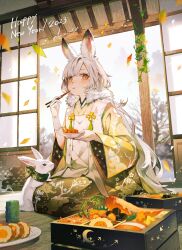 Rule 34 | 1girl, 2023, :t, animal ear fluff, animal ears, bento, blurry, blurry background, blush, carrot, carrot slice, chopsticks, commentary request, cup, depth of field, eating, full body, fur collar, gloves, hand up, happy new year, highres, holding, holding chopsticks, holding plate, japanese clothes, kimono, long hair, long sleeves, looking at viewer, new year, open door, orange eyes, original, ozadomi, plate, rabbit, rabbit ears, rabbit girl, seiza, sidelocks, signature, sitting, sliding doors, solo, tassel, teacup, tree, very long hair, white gloves, white hair, yellow kimono