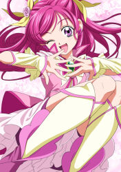 Rule 34 | 1girl, :d, bow, brooch, butterfly earrings, commentary request, cure dream, dokushibuki, earrings, eyelashes, fingerless gloves, flower, frills, gloves, hair bow, hair ornament, highres, jewelry, one eye closed, open mouth, pink hair, precure, purple eyes, rose, smile, solo, yes! precure 5, yes! precure 5 gogo!, yumehara nozomi
