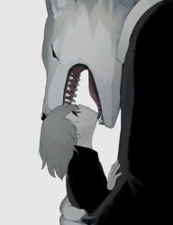 Rule 34 | 1boy, 1other, animal head, avogado6, black jacket, cannibalism, colored skin, from side, furry, grey hair, highres, jacket, medium hair, open mouth, original, saliva, white skin, wolf