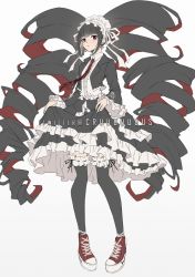 Rule 34 | 1girl, black hair, black thighhighs, bonnet, card, celestia ludenberg, clothes lift, commentary, criis-chan, danganronpa: trigger happy havoc, danganronpa (series), drill hair, english commentary, frills, full body, gothic lolita, grey background, high tops, jacket, jewelry, lolita fashion, long hair, long sleeves, looking at viewer, nail polish, necktie, playing card, red eyes, red necktie, shoes, simple background, smile, sneakers, solo, thighhighs, twin drills, twintails, very long hair