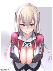 Rule 34 | 1girl, black gloves, blonde hair, breasts, capelet, celtic knot, cleavage, commentary request, gloves, graf zeppelin (kancolle), grey eyes, highres, kantai collection, large breasts, leaning forward, looking at viewer, military, military uniform, one-hour drawing challenge, sidelocks, simple background, solo, takase muh, tsurime, twintails, twitter username, uniform, upper body, white background