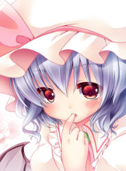 Rule 34 | 1girl, bad id, bad pixiv id, bat wings, blue hair, blush, close-up, dress, fang, female focus, finger in own mouth, hat, highres, irori, open mouth, pink dress, red eyes, remilia scarlet, solo, touhou, wings